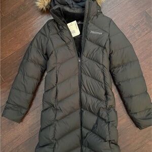 Marmot Charcoal Puffer Jacket with Faux Fur Trim